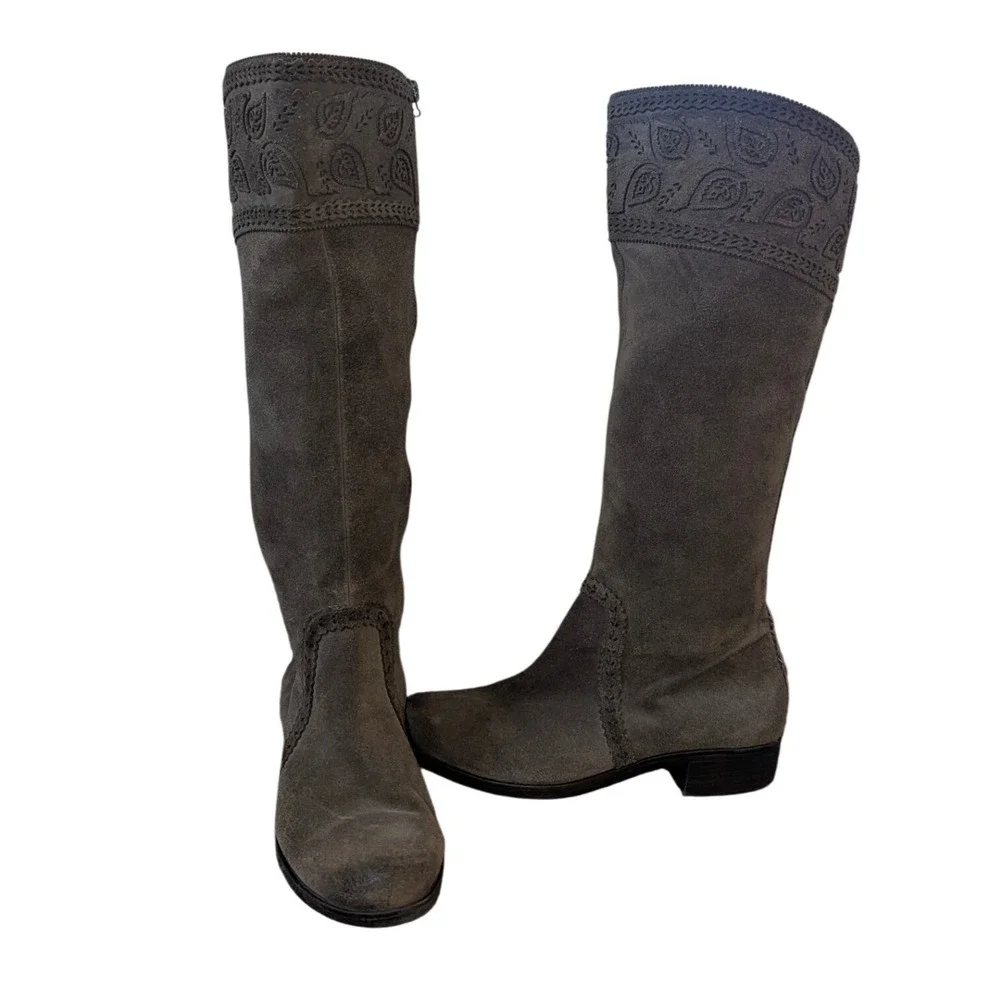 Nurture Tall Suede Boots Women 9.5M‎ Brown Leather Embroidered Paisley Boho Chic